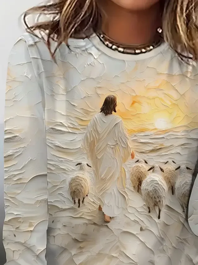 Women Jesus Copy Long Sleeve Tee T-shirt Crew Neck Printing Casual Spring/Fall Graphic Tee Top