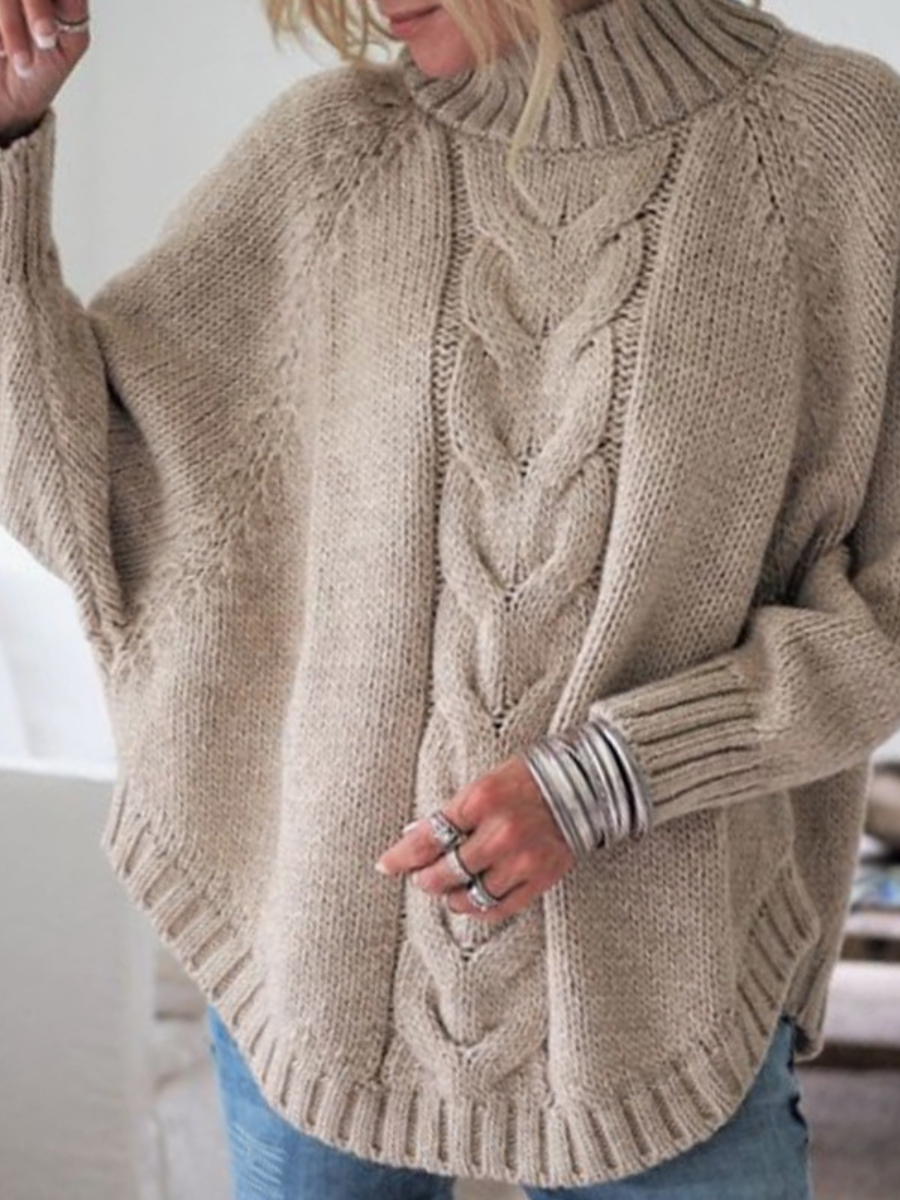Women Plain Jacquard Winter Street Dolman Sleeve Long Sleeve Mock Neck Sweater