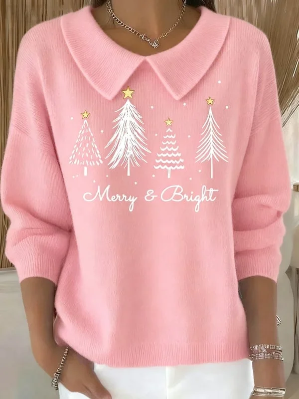 Women Christmas Printing Spring/Fall Casual Long Sleeve Shawl Collar Sweater