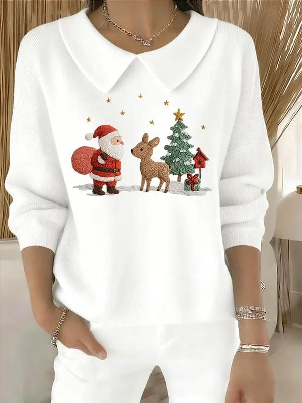 Women Santa Claus Printing Spring/Fall Casual Long Sleeve Shawl Collar Sweater