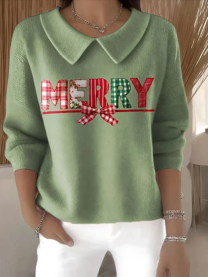 Women Christmas Printing Spring/Fall Casual Long Sleeve Shawl Collar Sweater