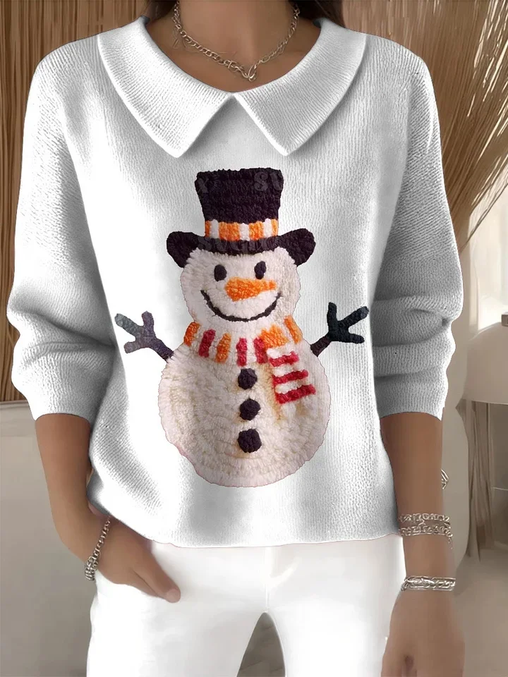 Women Christmas Snowman Printing Spring/Fall Casual Long Sleeve Shawl Collar Sweater