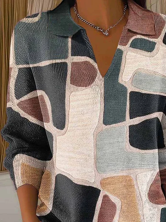 Women Abstract Printing Spring/Fall Casual Long Sleeve Shawl Collar Sweater