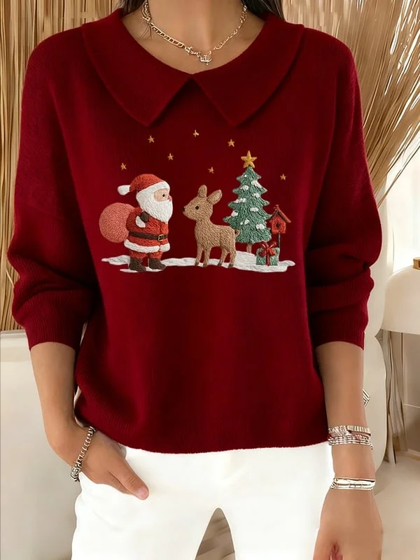 Women Santa Claus Printing Spring/Fall Casual Long Sleeve Shawl Collar Sweater