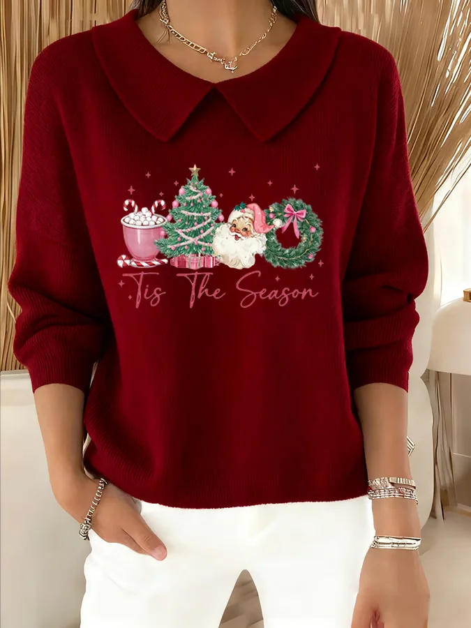 Women Santa Claus Printing Spring/Fall Casual Long Sleeve Shawl Collar Sweater