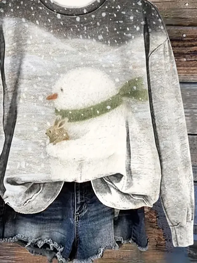 Women Christmas Snowman Crew Neck Printing Casual Spring/Fall Long Sleeve Sweatshirt
