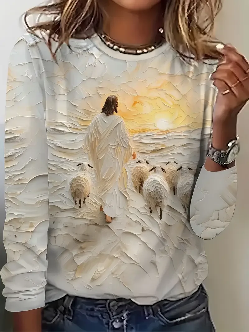 Women Jesus Copy Long Sleeve Tee T-shirt Crew Neck Printing Casual Spring/Fall Graphic Tee Top