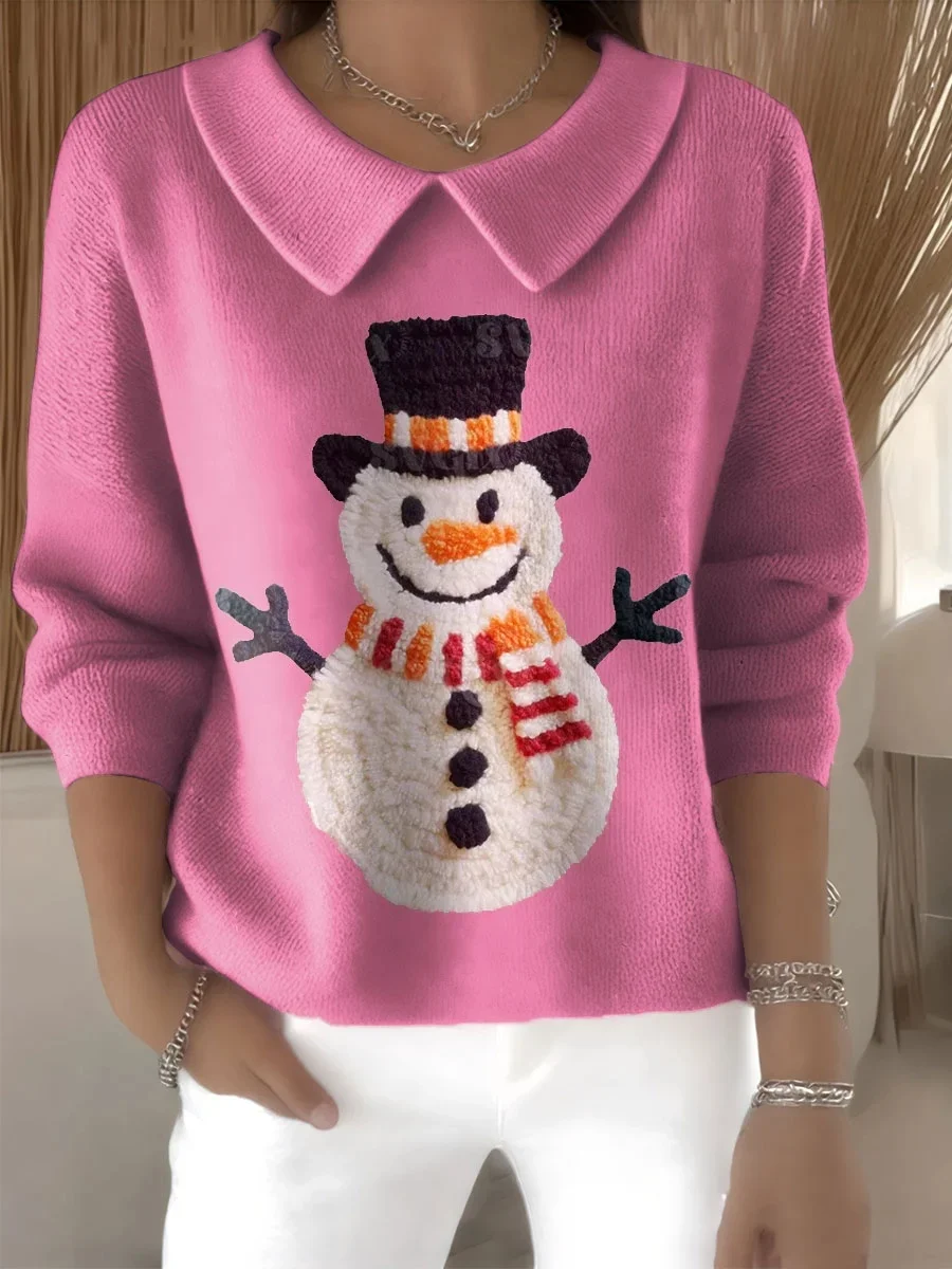 Women Christmas Snowman Printing Spring/Fall Casual Long Sleeve Shawl Collar Sweater