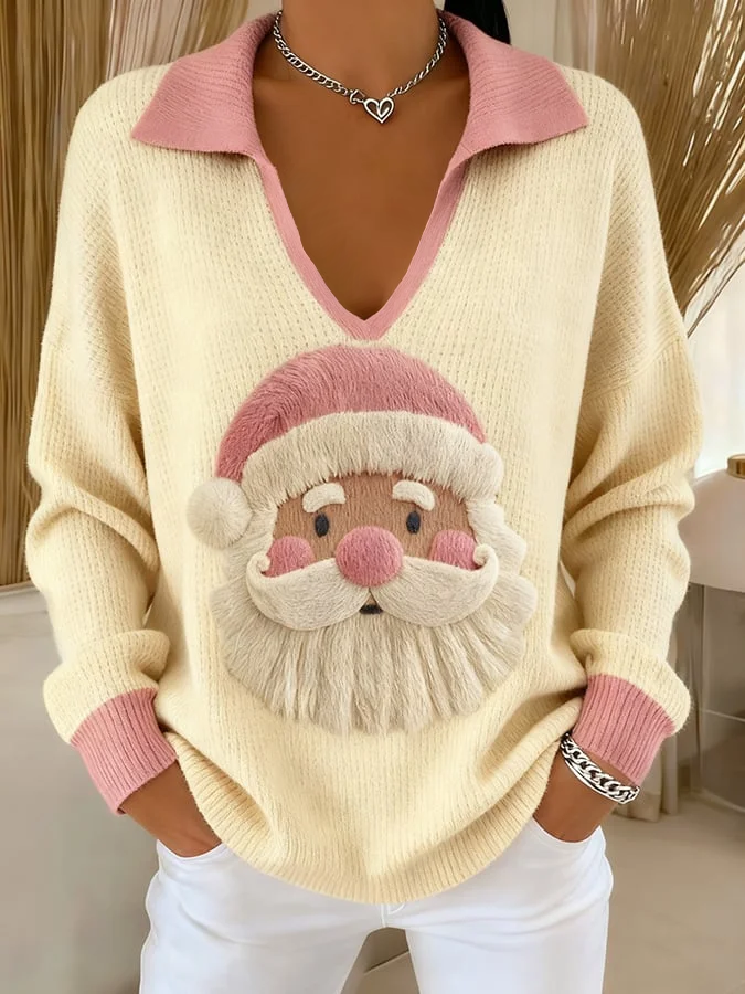 Women Santa Claus Printing Spring/Fall Casual Long Sleeve Shawl Collar Sweater
