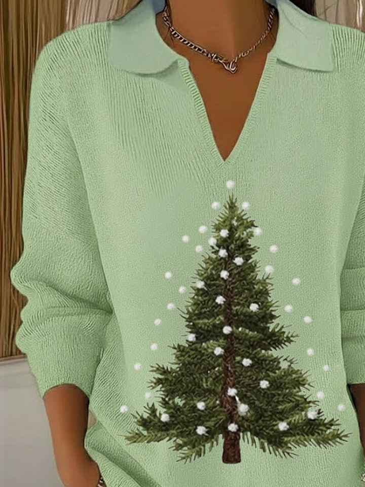 Women Christmas Printing Spring/Fall Casual Long Sleeve Shawl Collar Sweater