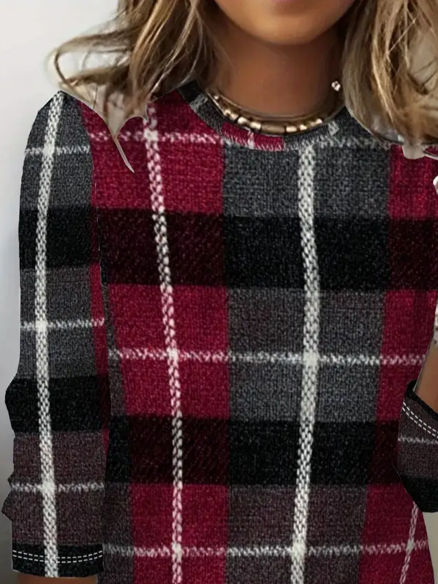 Women Plaid Long Sleeve Tee T-shirt Crew Neck Printing Casual Spring/Fall Graphic Tee Top