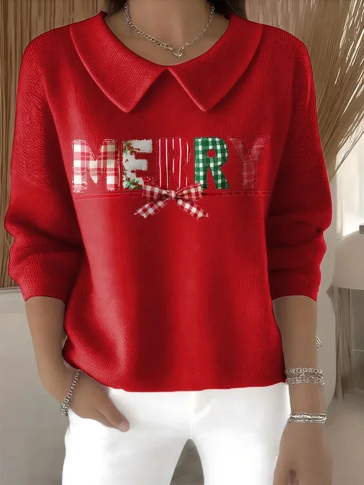 Women Christmas Printing Spring/Fall Casual Long Sleeve Shawl Collar Sweater