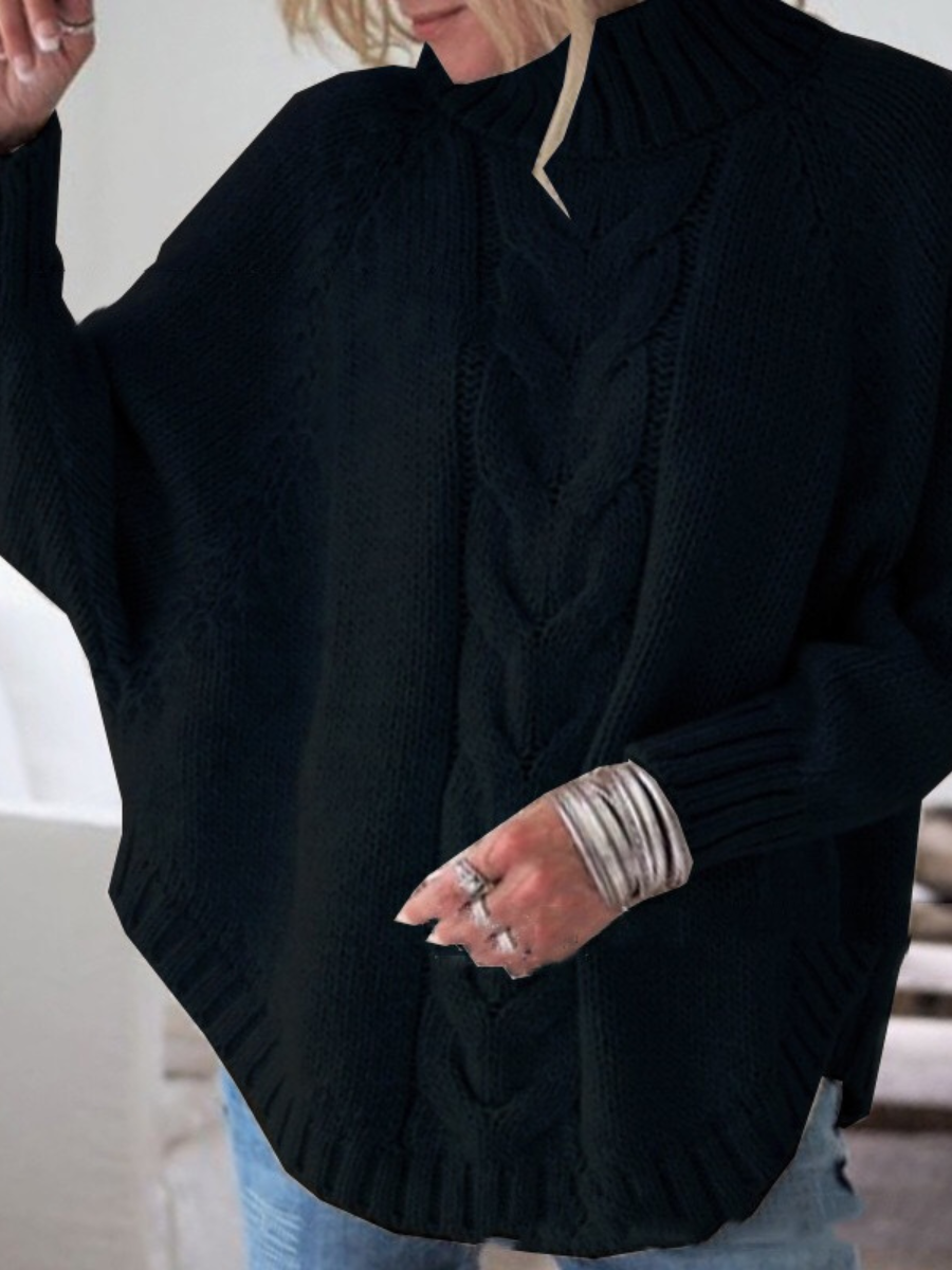 Women Plain Jacquard Winter Street Dolman Sleeve Long Sleeve Mock Neck Sweater