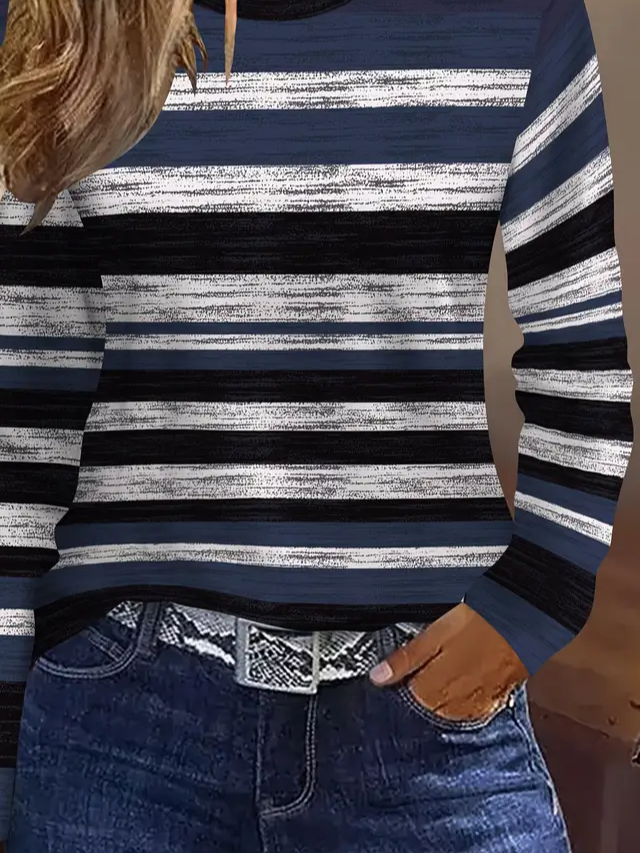 Women Striped Long Sleeve Tee T-shirt Crew Neck Printing Casual Spring/Fall Graphic Tee Top