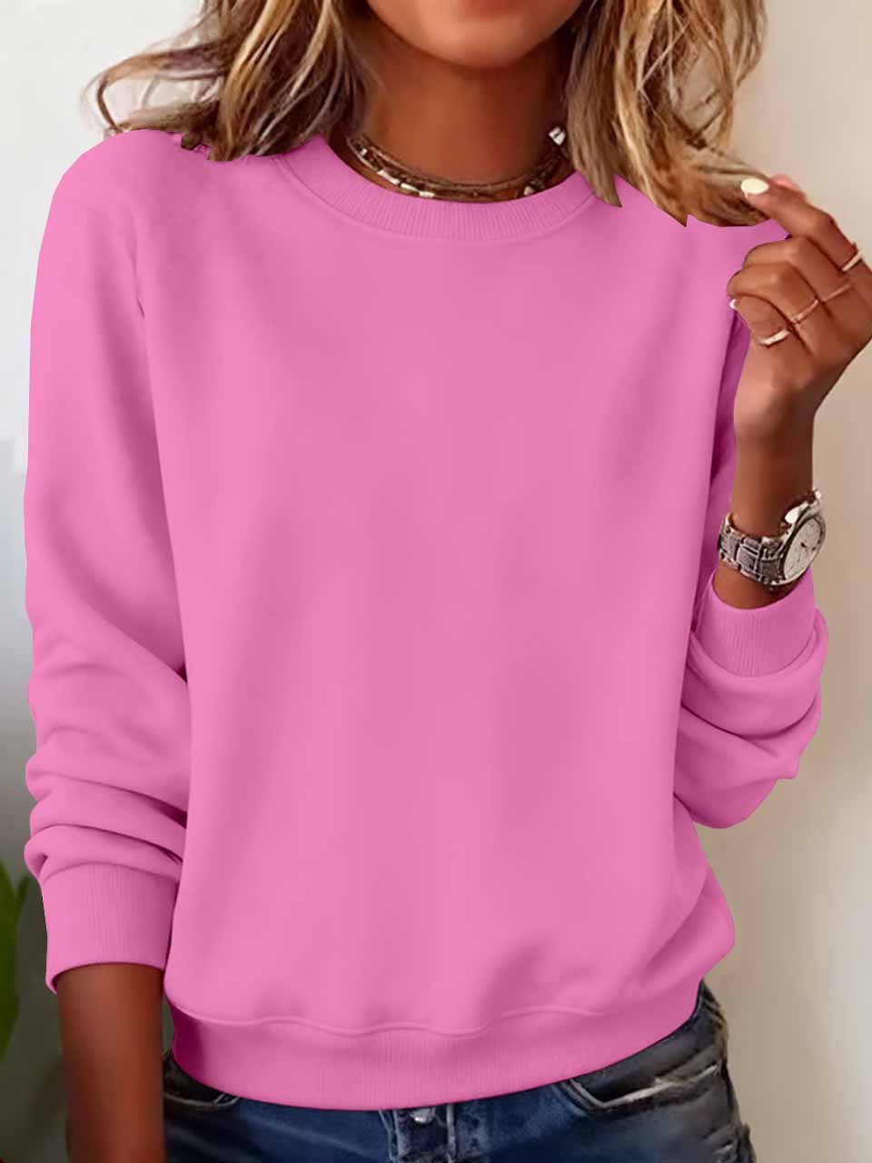 Women Plain Crew Neck Casual Spring/Fall Long Sleeve Sweatshirt