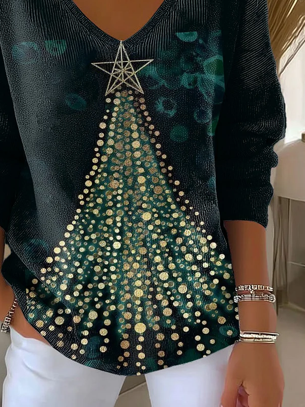 Women Christmas Long Sleeve Tee T-shirt V Neck Printing Casual Spring/Fall Top