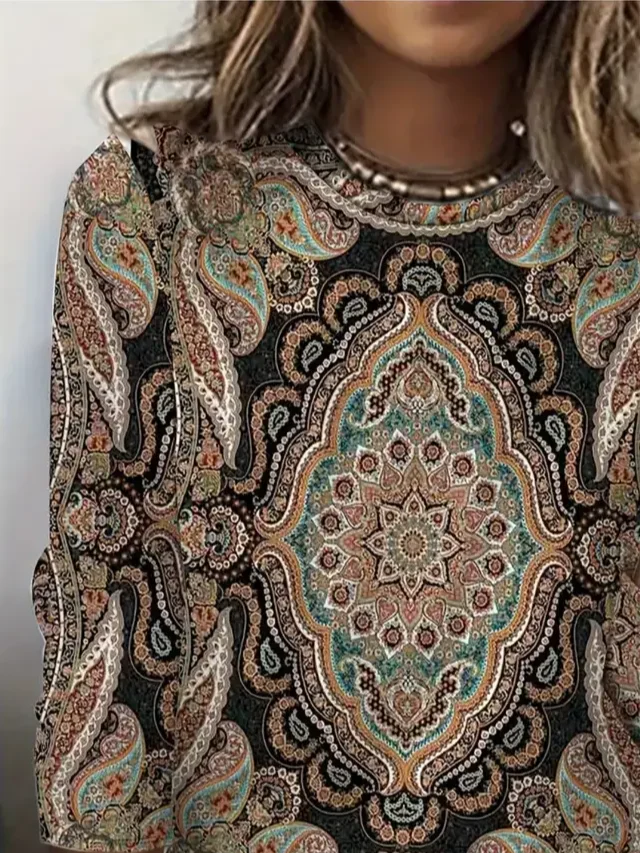 Women Ethnic Long Sleeve Tee T-shirt Crew Neck Printing Casual Spring/Fall Graphic Tee Top