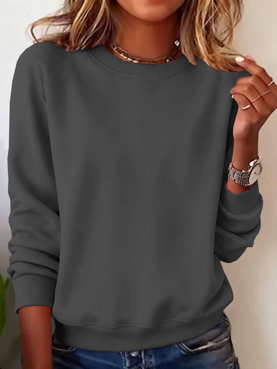 Women Plain Crew Neck Casual Spring/Fall Long Sleeve Sweatshirt