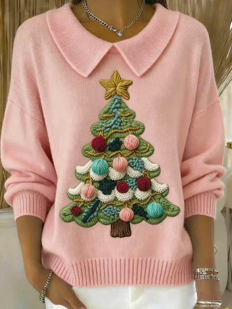 Women Christmas Printing Spring/Fall Casual Long Sleeve Shawl Collar Sweater