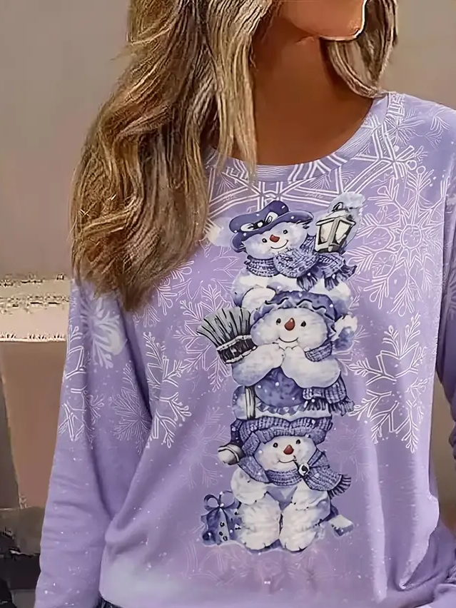 Women Christmas Snowman Long Sleeve Tee T-shirt Crew Neck Printing Casual Spring/Fall Graphic Tee Top