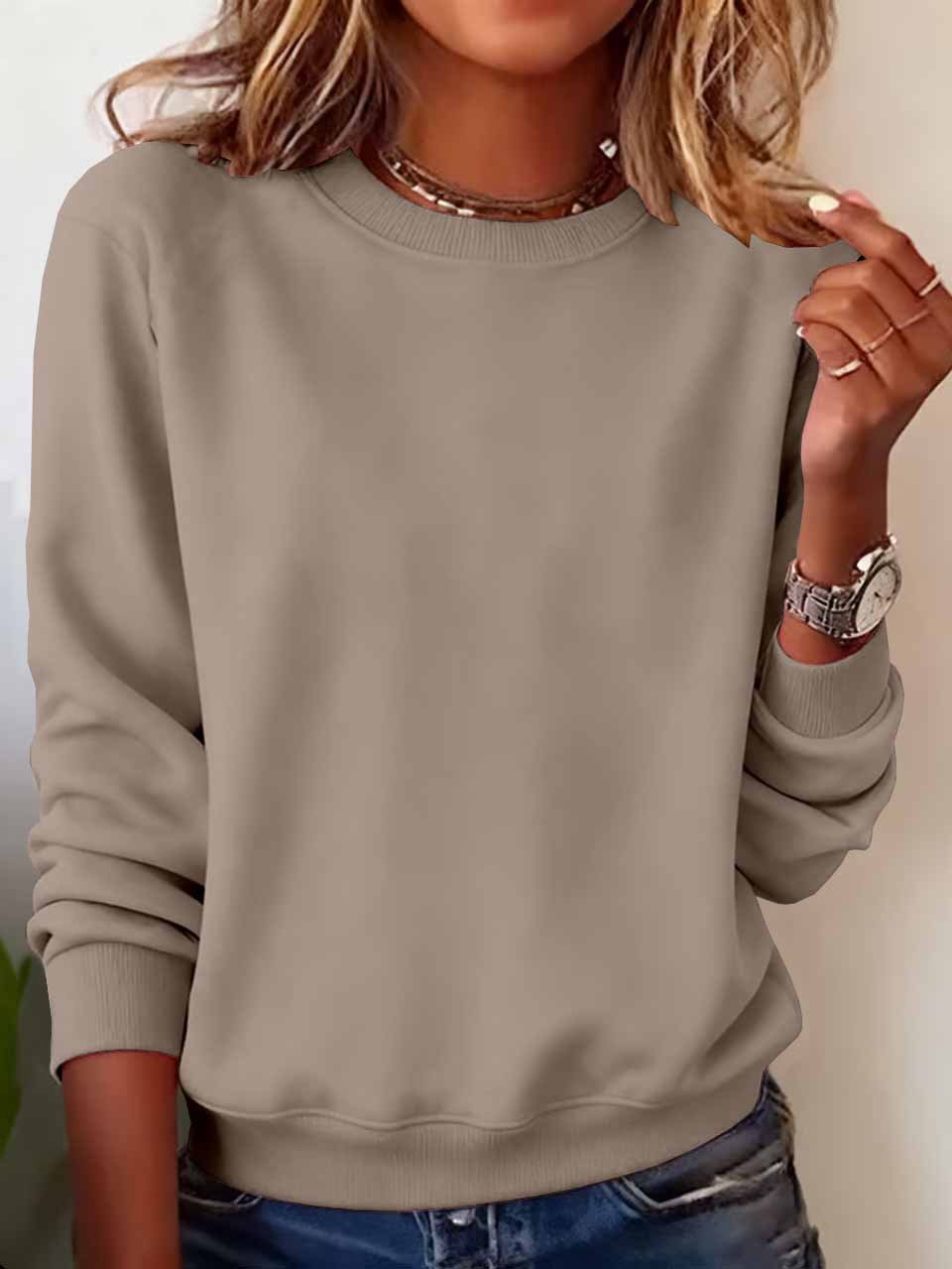 Women Plain Crew Neck Casual Spring/Fall Long Sleeve Sweatshirt