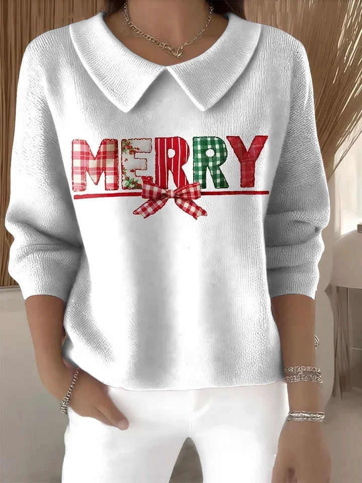 Women Christmas Printing Spring/Fall Casual Long Sleeve Shawl Collar Sweater