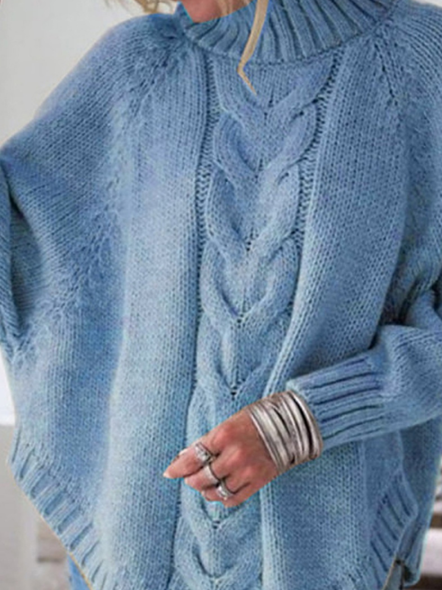 Women Plain Jacquard Winter Street Dolman Sleeve Long Sleeve Mock Neck Sweater