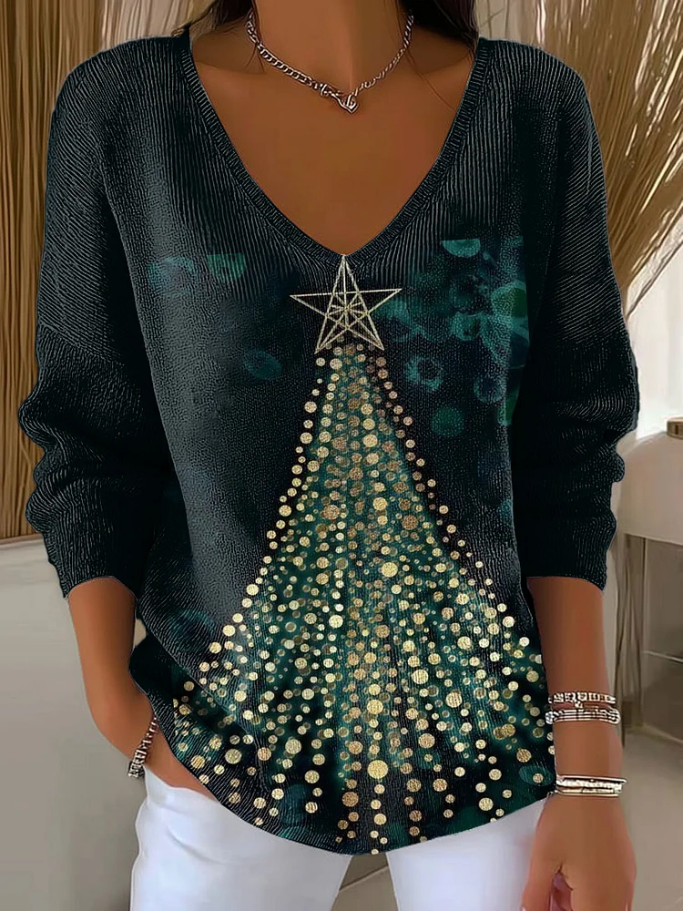 Women Christmas Long Sleeve Tee T-shirt V Neck Printing Casual Spring/Fall Top