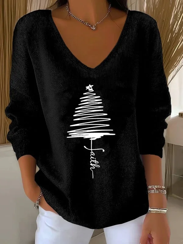 Women Christmas Long Sleeve Tee T-shirt V Neck Printing Casual Spring/Fall Top