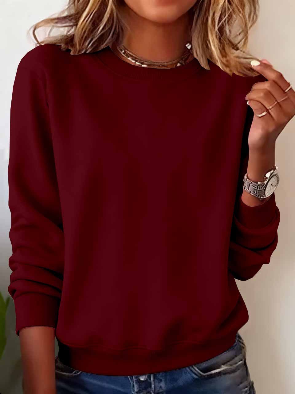 Women Plain Crew Neck Casual Spring/Fall Long Sleeve Sweatshirt