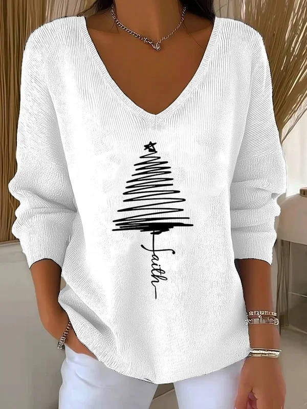 Women Christmas Long Sleeve Tee T-shirt V Neck Printing Casual Spring/Fall Top