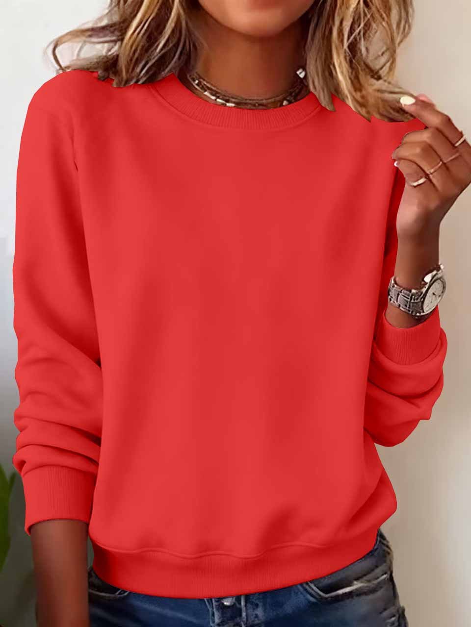 Women Plain Crew Neck Casual Spring/Fall Long Sleeve Sweatshirt