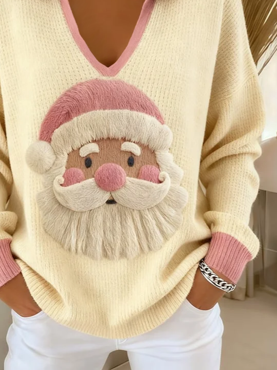 Women Santa Claus Printing Spring/Fall Casual Long Sleeve Shawl Collar Sweater