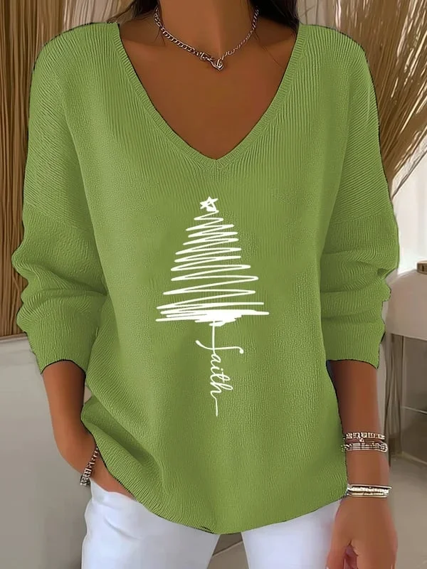 Women Christmas Long Sleeve Tee T-shirt V Neck Printing Casual Spring/Fall Top