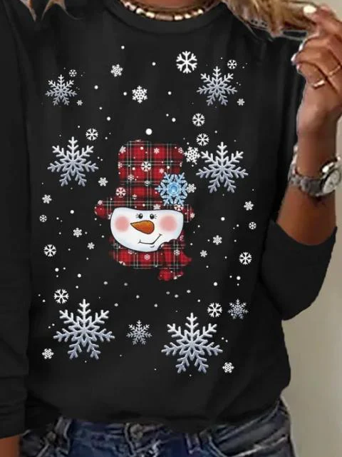 Women Christmas Snowman Long Sleeve Tee T-shirt Crew Neck Printing Casual Spring/Fall Graphic Tee Top
