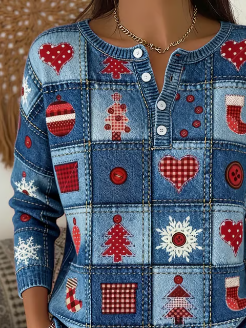 Women Christmas Printing Spring/Fall Casual Long Sleeve Crew Neck Sweater