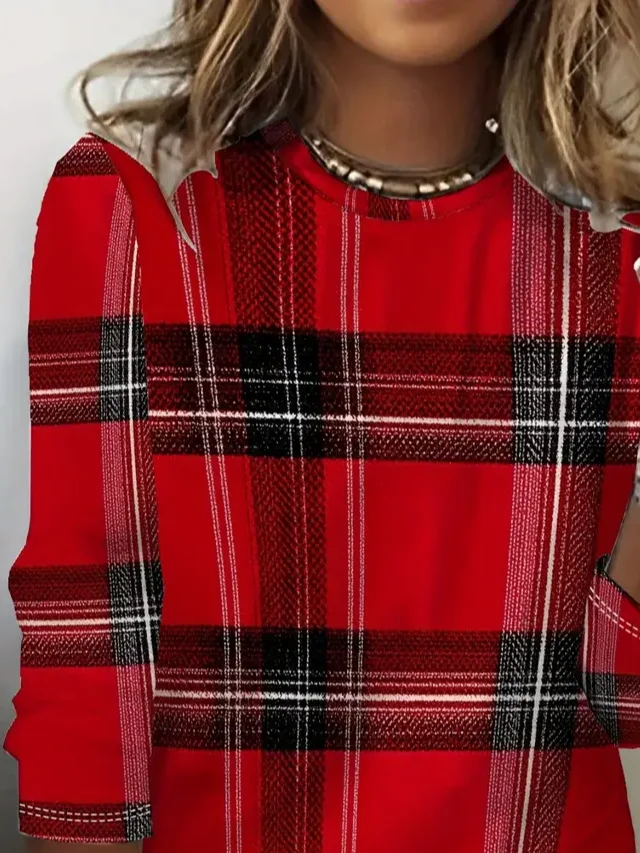 Women Plaid Long Sleeve Tee T-shirt Crew Neck Printing Casual Spring/Fall Graphic Tee Top