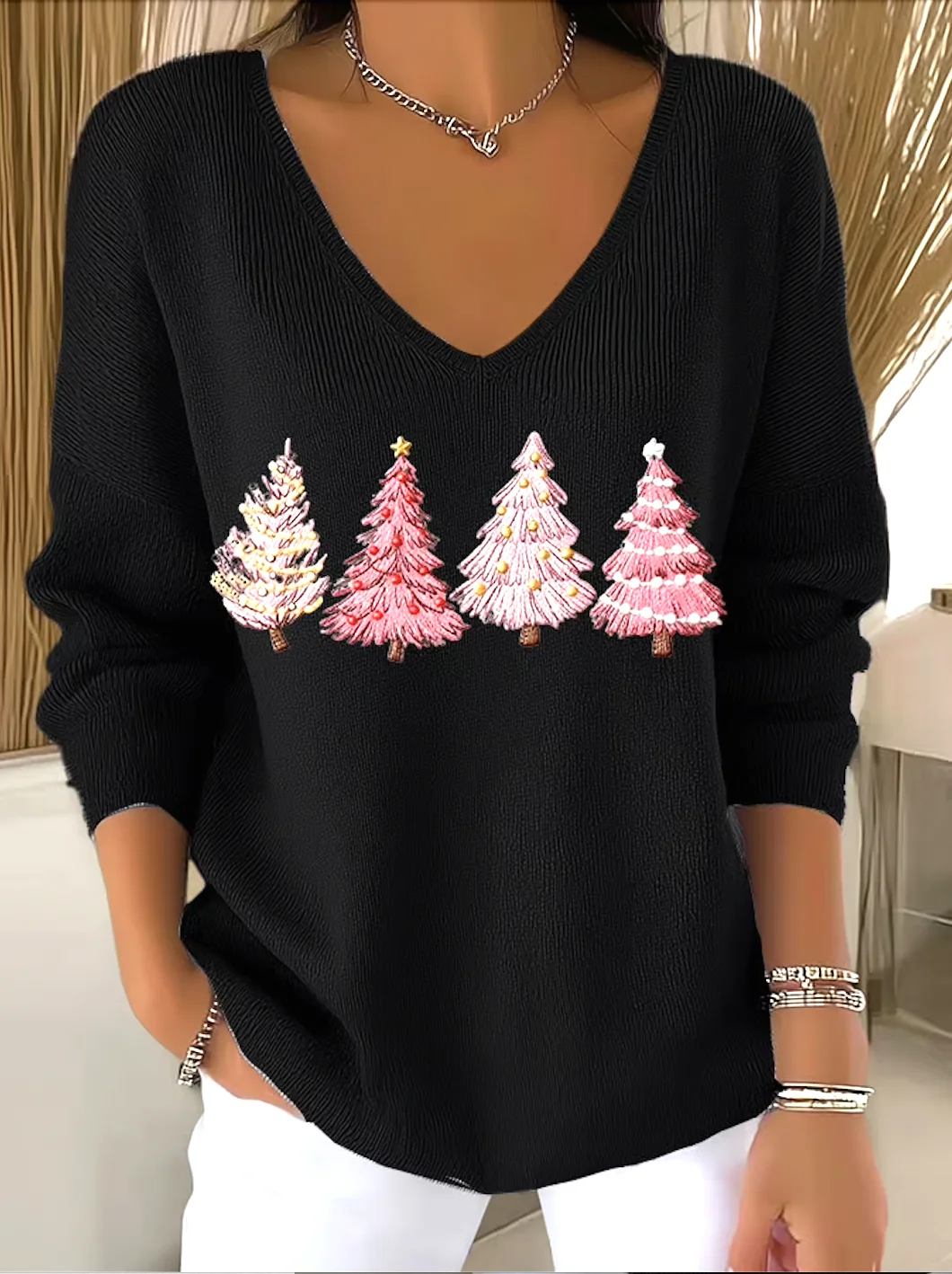 Women Plants Spring/Fall Casual Long Sleeve V Neck Cotton Sweater