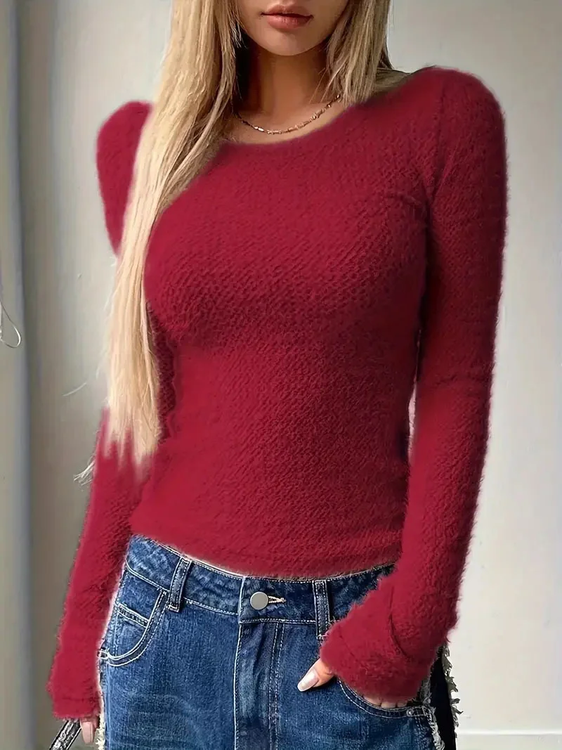 Women Plain Long Sleeve Tee T-shirt Crew Neck Split Joint Casual Spring/Fall Top