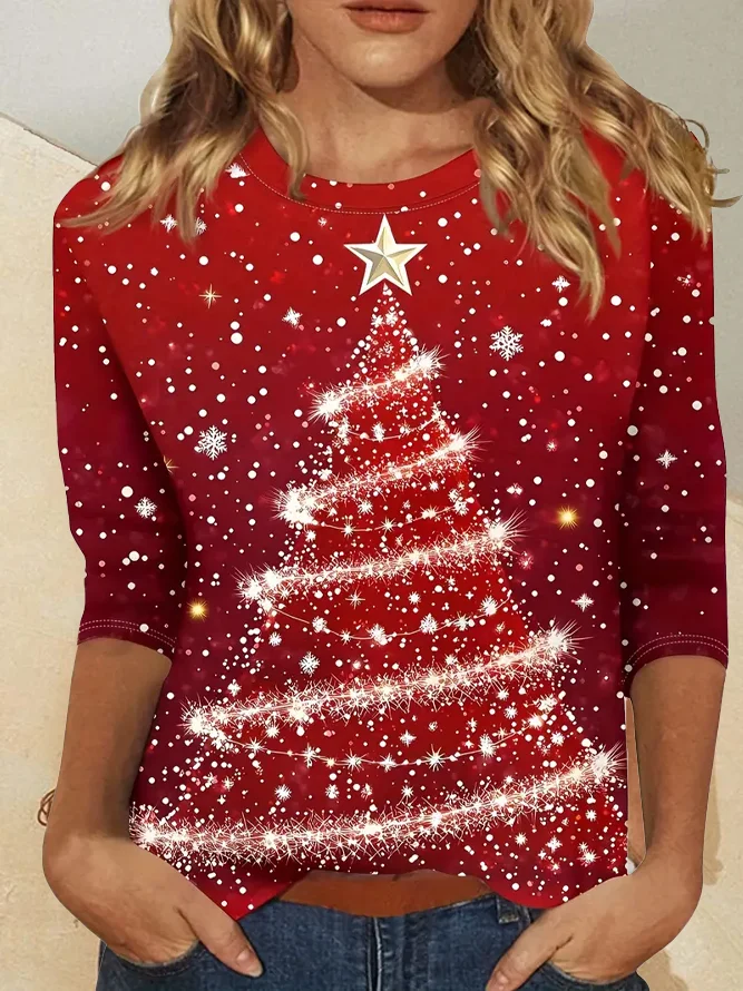 Women Christmas Long Sleeve Tee T-shirt Crew Neck Printing Casual Spring/Fall Graphic Tee Top