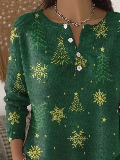 Women Christmas Printing Spring/Fall Casual Long Sleeve Crew Neck Sweater