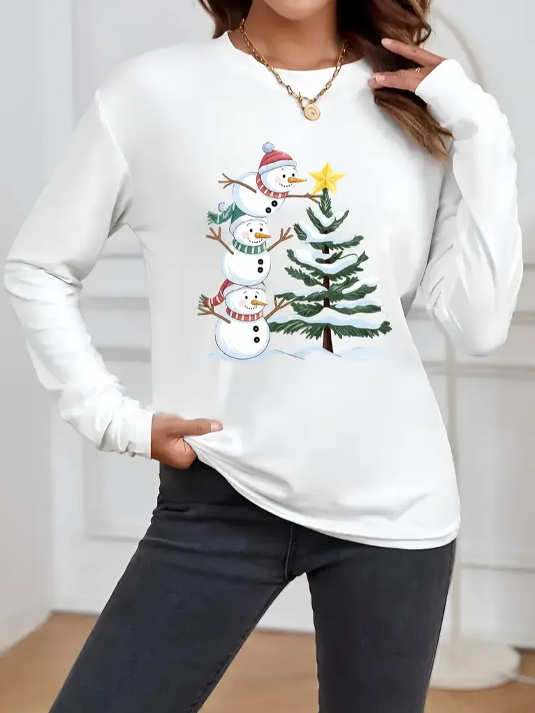 Women Christmas Snowman Long Sleeve Tee T-shirt Crew Neck Printing Casual Spring/Fall Graphic Tee Top