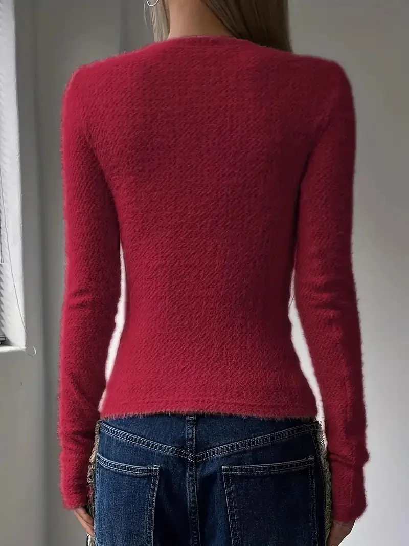 Women Plain Long Sleeve Tee T-shirt Crew Neck Split Joint Casual Spring/Fall Top