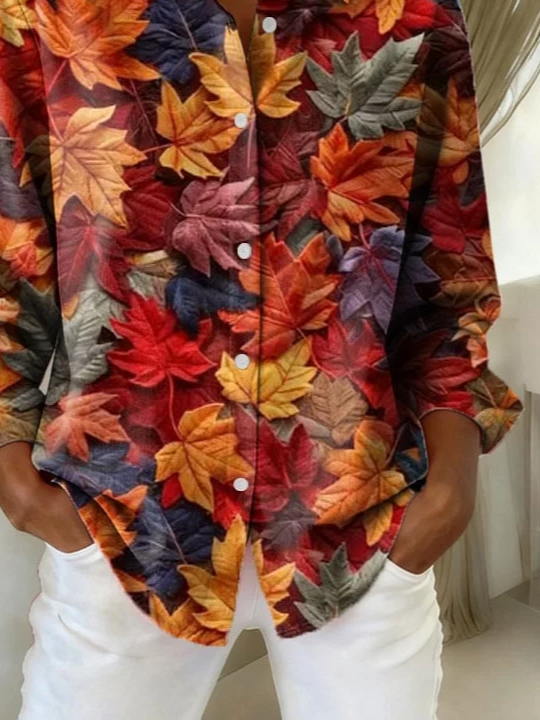 Women Maple Leaf Long Sleeve Shirt Spring/Fall Buckle Shirt Collar Regular Sleeve Daily Casual Top