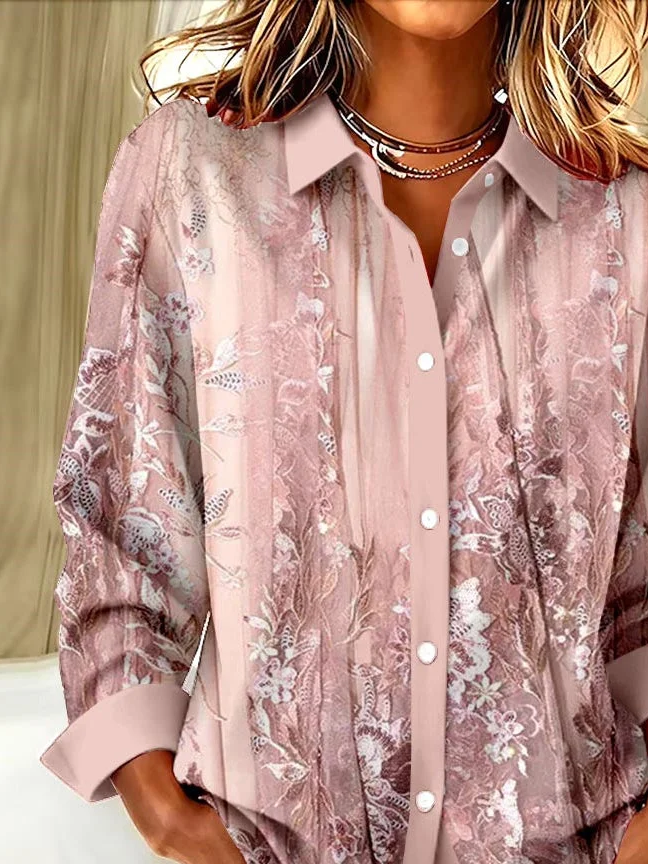 Women Floral Long Sleeve Shirt Spring/Fall Buckle Shirt Collar Regular Sleeve Daily Casual Top
