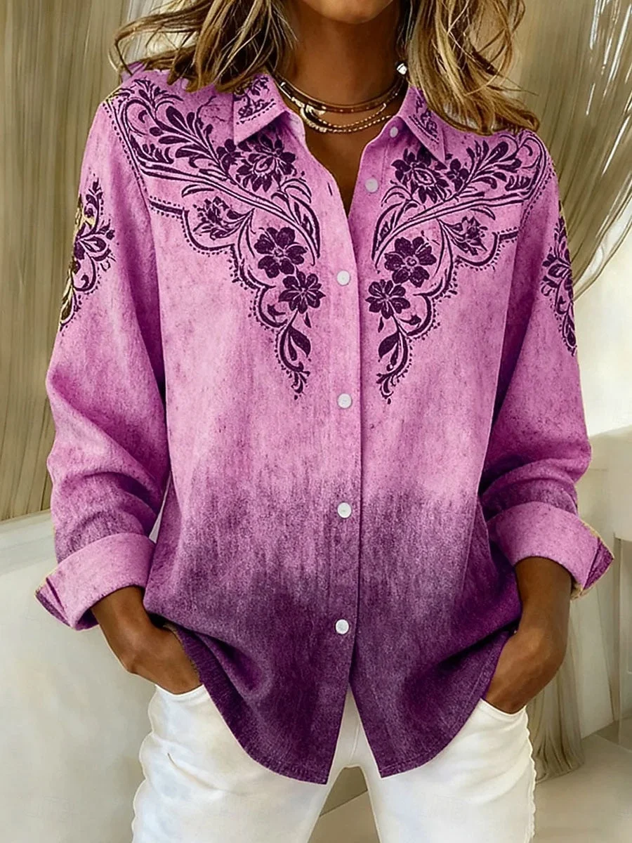 Women Floral Long Sleeve Shirt Spring/Fall Buckle Shirt Collar Regular Sleeve Daily Casual Top