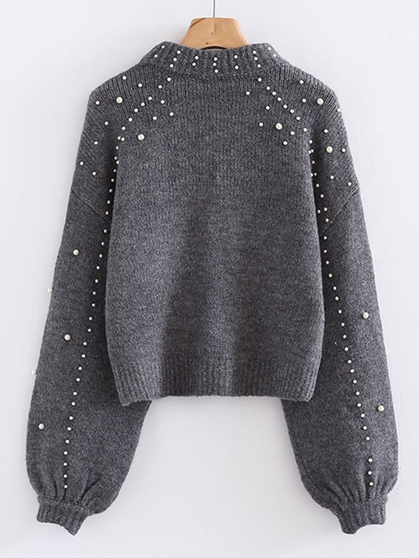 Women Plain Beaded Winter Street Balloon Sleeve Long Sleeve Mock Neck Cotton-Blend Sweater