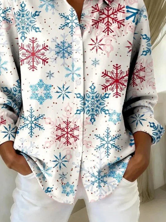 Women Christmas Long Sleeve Shirt Spring/Fall Buckle Shirt Collar Regular Sleeve Daily Casual Top