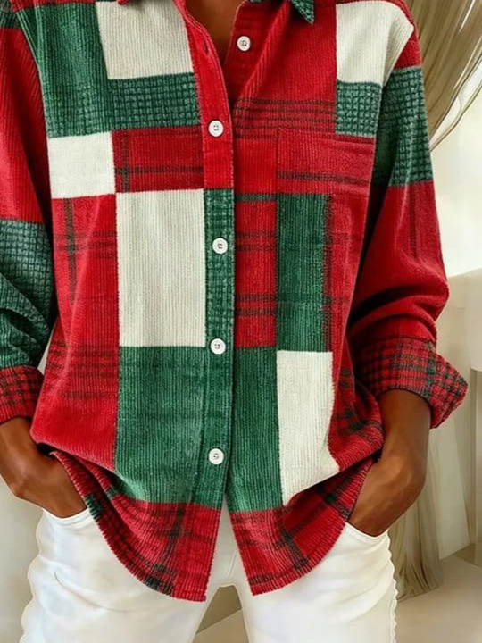 Women Christmas Long Sleeve Shirt Spring/Fall Buckle Shirt Collar Regular Sleeve Daily Casual Top