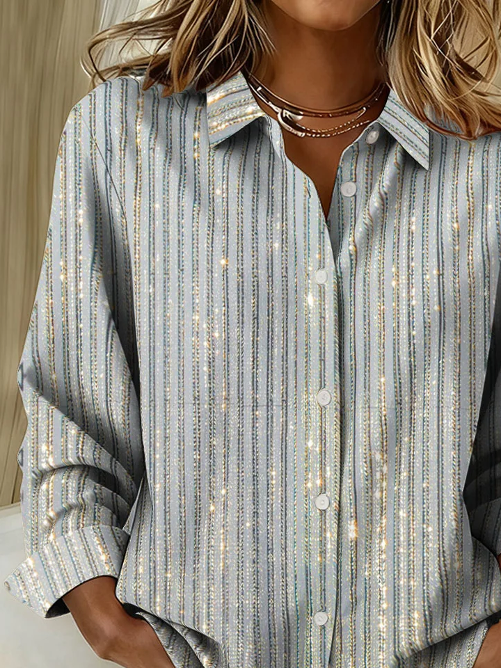 Women Striped Long Sleeve Shirt Spring/Fall Buckle Shirt Collar Regular Sleeve Daily Casual Top